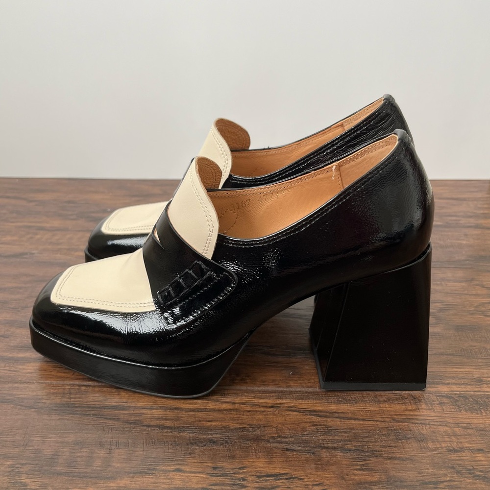 Embassy London Tamara Heeled Chunky Patent Leather Loafers Size 37 Black White - Picture 4 of 9